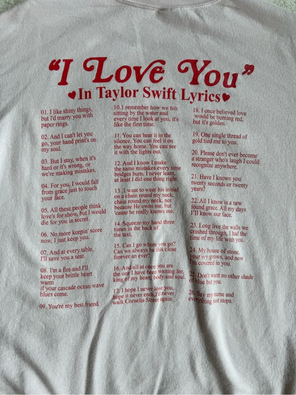 “I Love You” in Taylor Swift Lyrics Crewneck — Large
